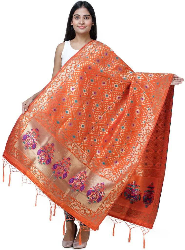 Mandarin-Orange Brocade Dupatta from Gujarat with Birds and Geometric Motifs All-Over - Dupattas & Shawls | Buy online on ZillyBuy