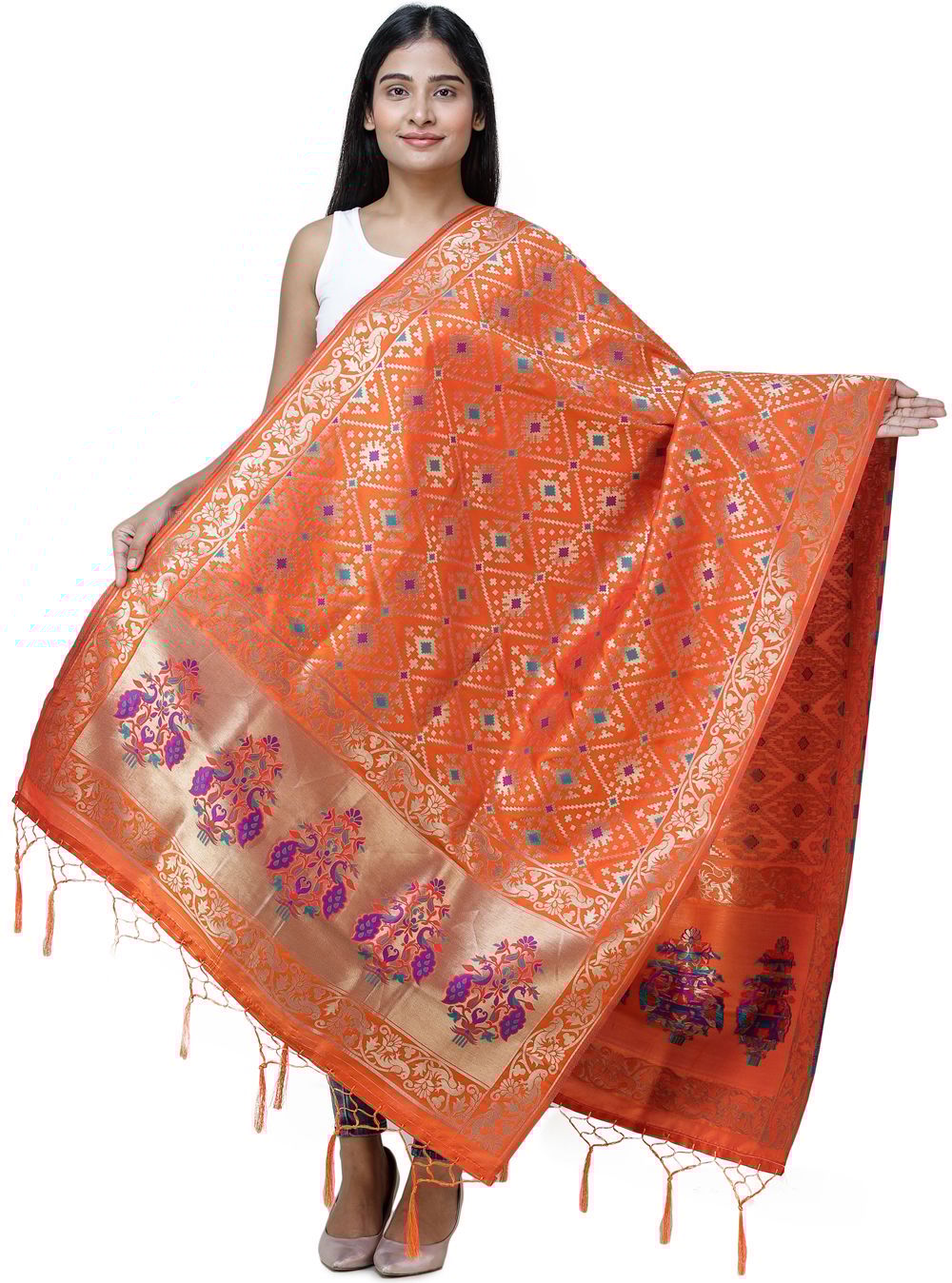 Mandarin-Orange Brocade Dupatta from Gujarat with Birds and Geometric Motifs All-Over