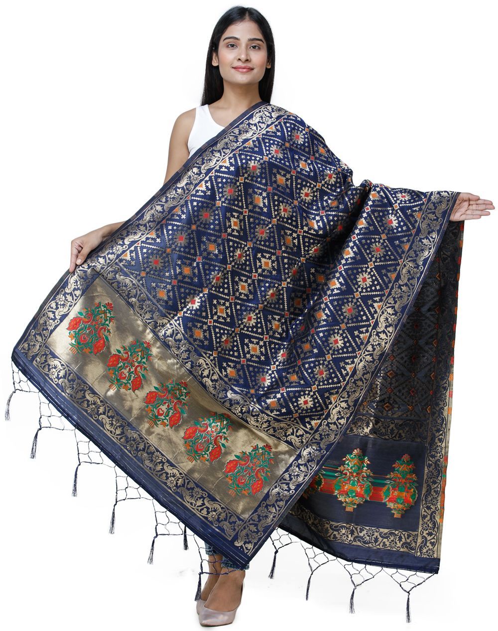 Ocean-Cavern Brocade Dupatta from Gujarat with Birds and Geometric Motifs All-Over