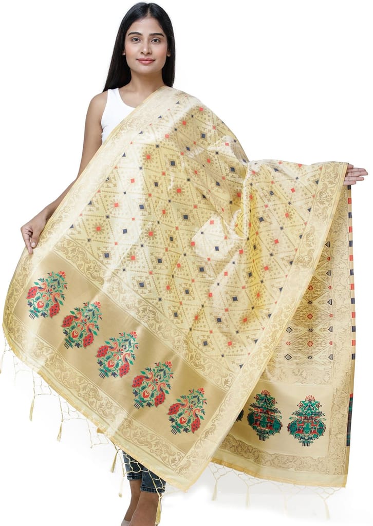 Chamomile Brocade Dupatta from Gujarat with Birds and Geometric Motifs All-Over - Dupattas & Shawls | Buy online on ZillyBuy