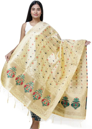 Chamomile Brocade Dupatta from Gujarat with Birds and Geometric Motifs All-Over