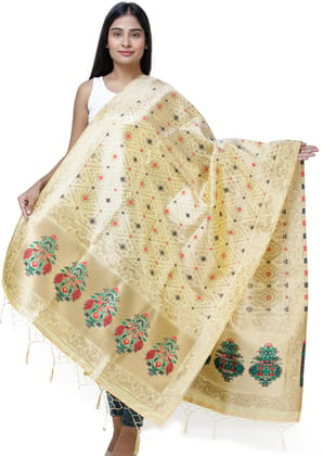 Chamomile Brocade Dupatta from Gujarat with Birds and Geometric Motifs All-Over Chamomile Brocade Dupatta from Gujarat with Birds and Geometric Motifs All-Over