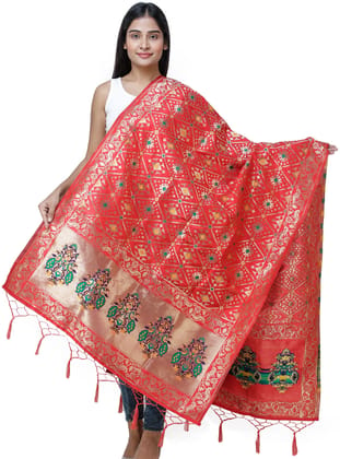 Flame scarlet Brocade Dupatta from Gujarat with Birds and Geometric Motifs All-Over Flame scarlet Brocade Dupatta from Gujarat with Birds and Geometric Motifs All-Over