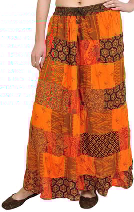 Orange Printed Long Boho Skirt from Gujarat with Patch Work