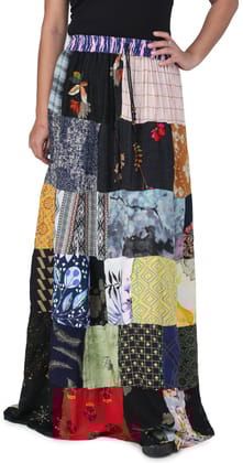 Black And Blue Printed Long Boho Skirt from Gujarat with Patch Work