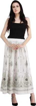 Star-White Long Skirt With Printed Flowers and Embroidered Sequins