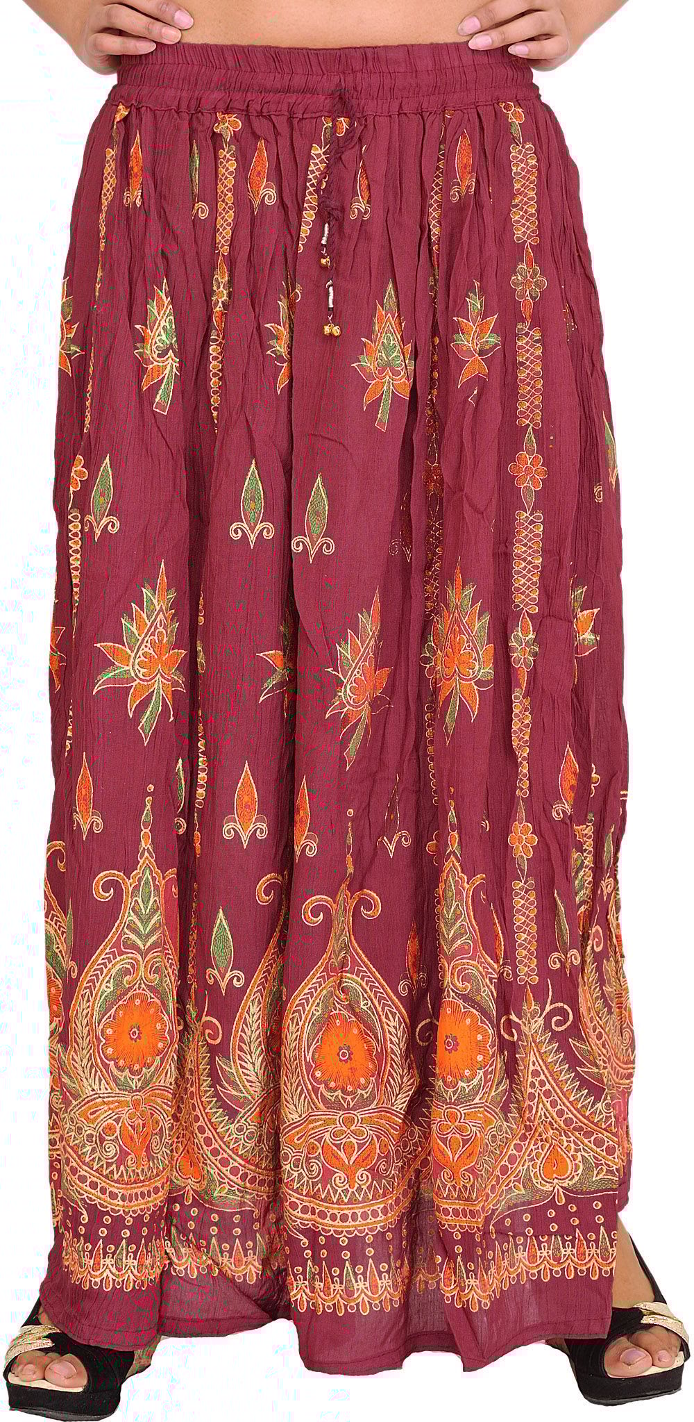 Red-Plum Long Skirt With Printed Flowers and Embroidered Sequins