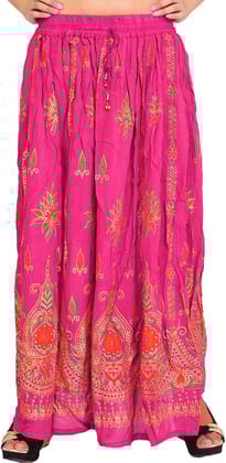 Magenta Long Skirt With Printed Flowers and Embroidered Sequins