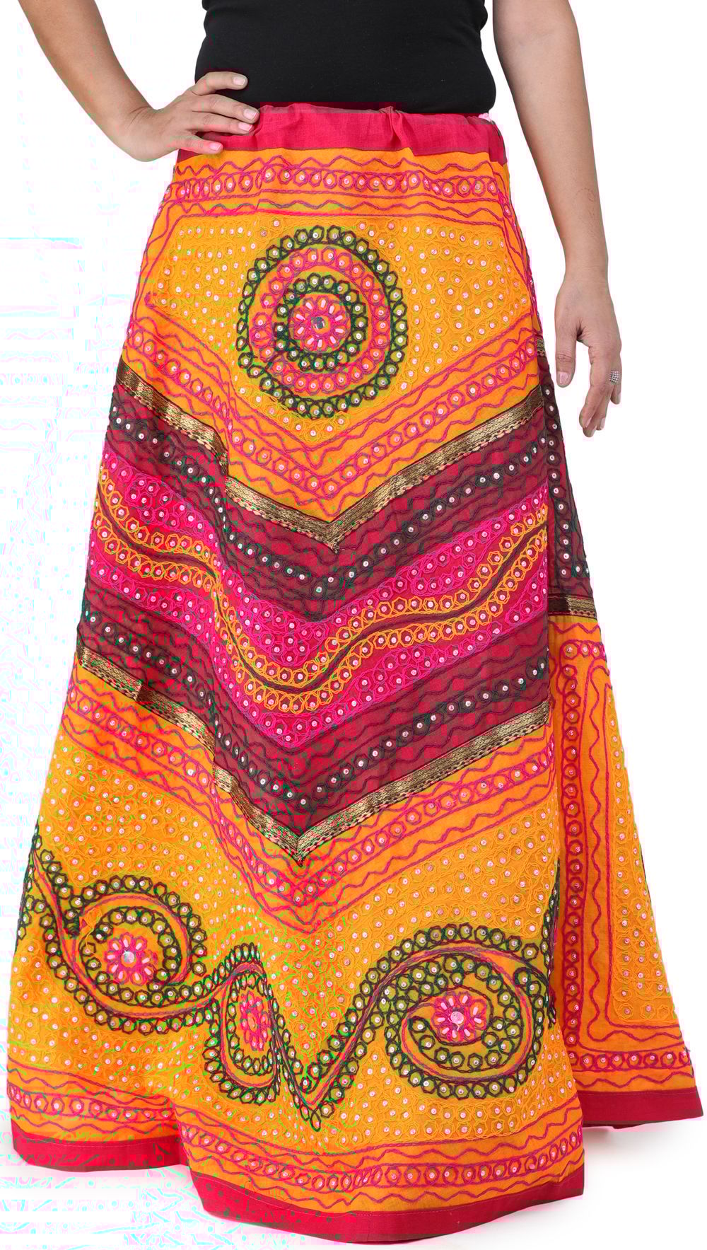 Yellow And Green Long Ghagra Skirt from Jaipur with Aari Embroidery and Sequins