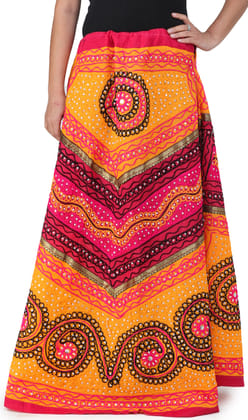 Yellow And Fuchsia Long Ghagra Skirt from Jaipur with Aari Embroidery and Sequins