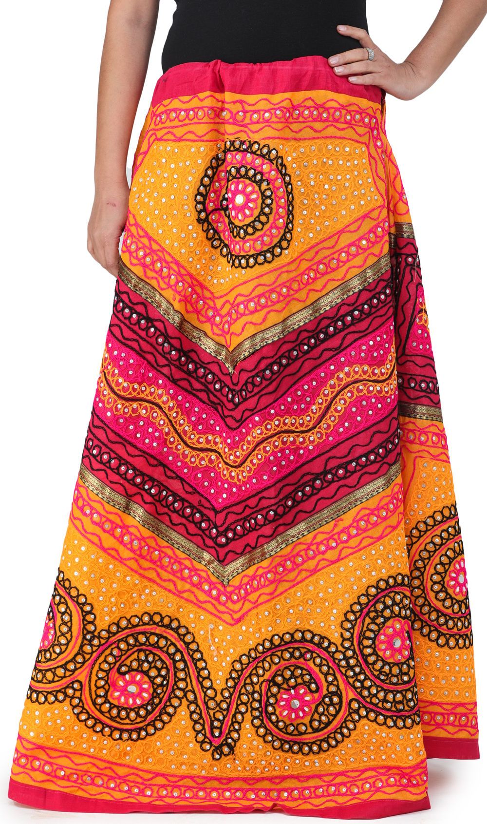 Yellow And Fuchsia Long Ghagra Skirt from Jaipur with Aari Embroidery and Sequins