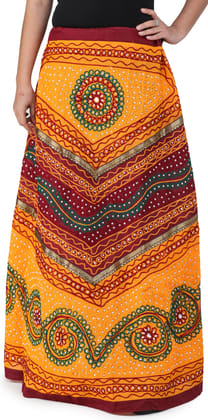 Yellow And Maroon Long Ghagra Skirt from Jaipur with Aari Embroidery and Sequins