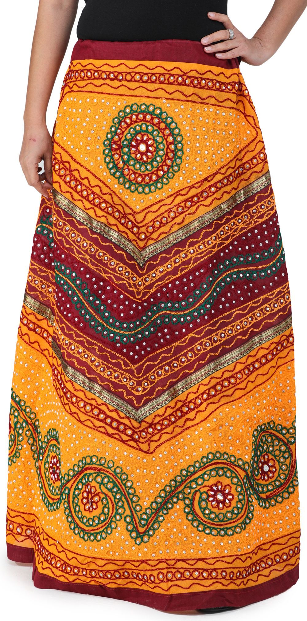 Yellow And Maroon Long Ghagra Skirt from Jaipur with Aari Embroidery and Sequins
