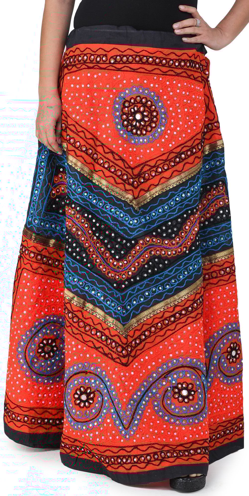 Orange And Black Long Ghagra Skirt from Jaipur with Aari Embroidery and Sequins