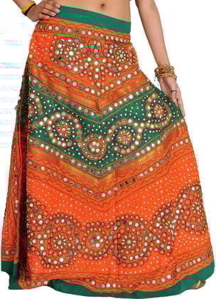 Orange And Green Long Ghagra Skirt from Jaipur with Aari Embroidery and Sequins