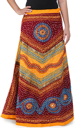 Maroon And Yellow Long Ghagra Skirt from Jaipur with Aari Embroidery and Sequins