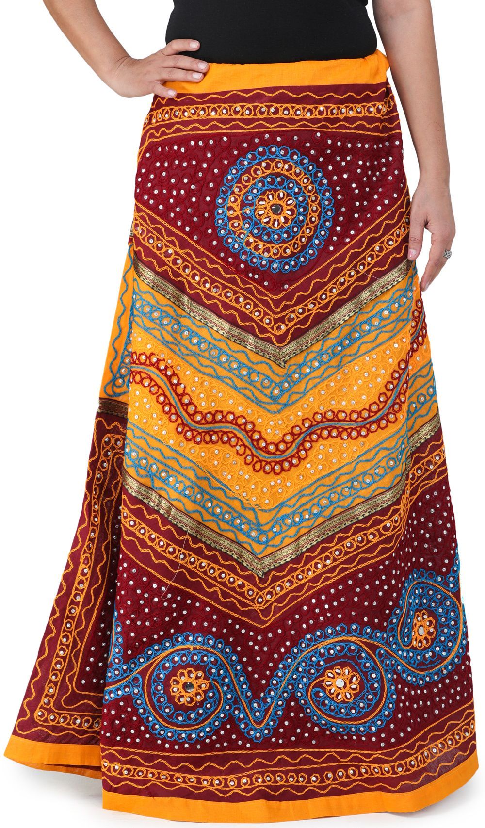 Maroon And Yellow Long Ghagra Skirt from Jaipur with Aari Embroidery and Sequins