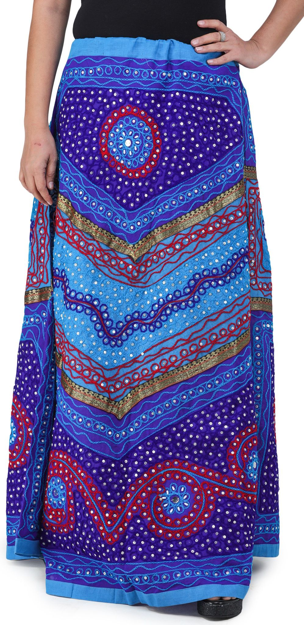 Blue And Turquoise Long Ghagra Skirt from Jaipur with Aari Embroidery and Sequins