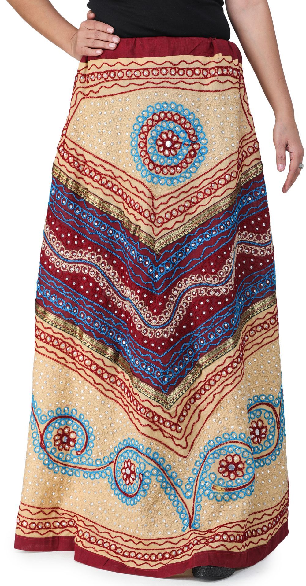 Beige And Maroon Long Ghagra Skirt from Jaipur with Aari Embroidery and Sequins