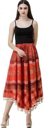 Poppy-Red Printed Fish-Cut Skirt with Tassels on Border
