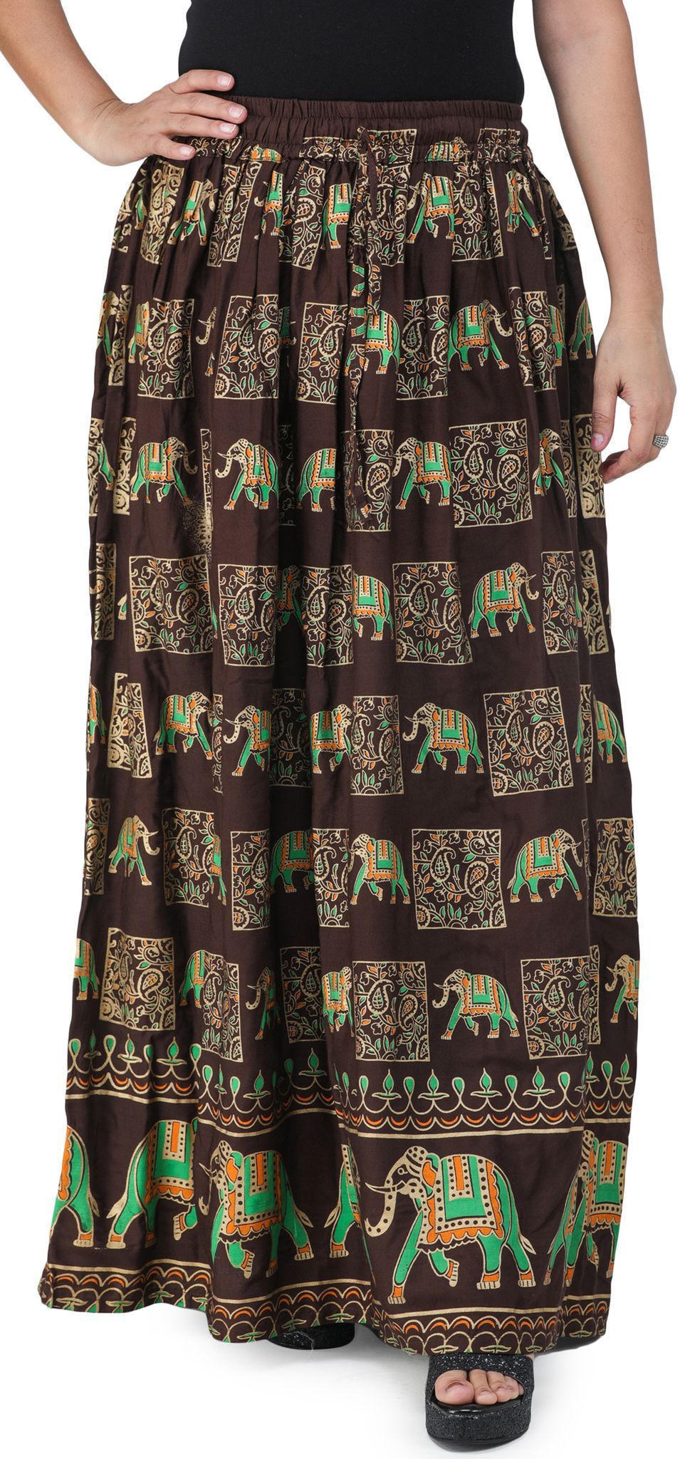 Deep-Mahogany Digitally Printed Casual Skirt with Motifs of Elephants And Flowers From Pilkhuwa