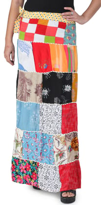 Solitary-Star Printed Long Boho Wrap-On Long Skirt from Gujarat with Patch Work