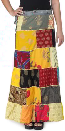 Yellow-Cream Printed Long Boho Wrap-On Long Skirt from Gujarat with Patch Work