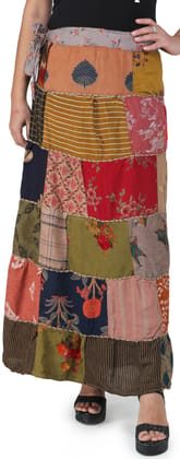 Woodsmoke Printed Long Boho Wrap-On Long Skirt from Gujarat with Patch Work
