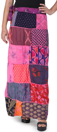 Fandango-Pink Printed Long Boho Wrap-On Long Skirt from Gujarat with Patch Work