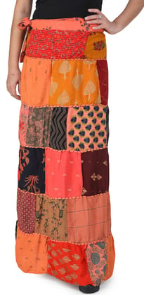 Lliving-Coral Printed Long Boho Wrap-On Long Skirt from Gujarat with Patch Work