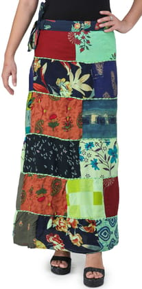 Sap-Green Printed Long Boho Wrap-On Long Skirt from Gujarat with Patch Work
