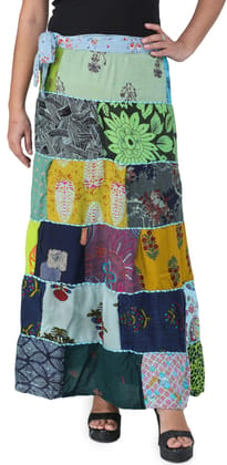 Blue-Elixir Printed Long Boho Wrap-On Long Skirt from Gujarat with Patch Work