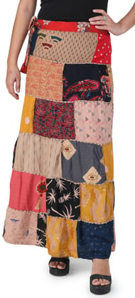 Cafe Printed Long Boho Wrap-On Long Skirt from Gujarat with Patch Work