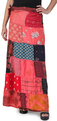 Camellia-Rose Printed Long Boho Wrap-On Long Skirt from Gujarat with Patch Work
