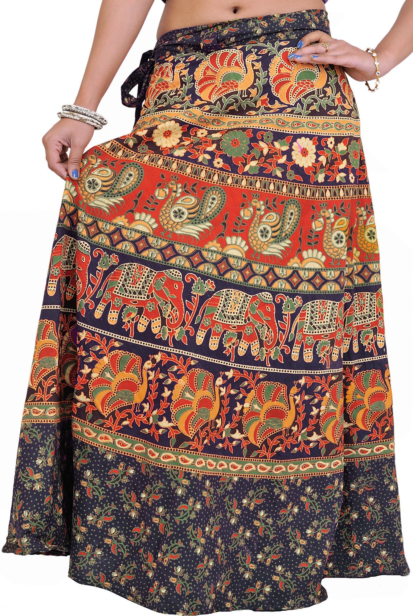 Patriot-Blue Wrap-Around Sanganeri Skirt with Printed Marriage Procession