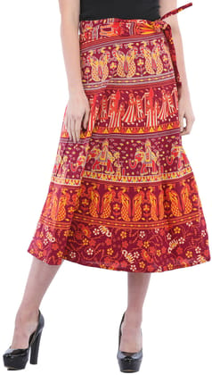 Windsor-Wine Wrap-Around Sanganeri Skirt with Printed Marriage Procession