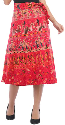 Scarlet-Red Wrap-Around Sanganeri Skirt with Printed Marriage Procession