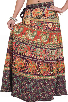Italian-Plum Wrap-On Long Skirt from Pilkhuwa with Printed Paisleys and Elephants
