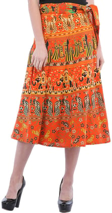 Flame-Orange Wrap-Around Sanganeri Skirt with Printed Marriage Procession