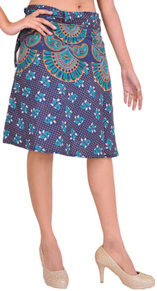 Twilight-Blue Wrap-Around Long Skirt with Block-Print in Pastel Colors