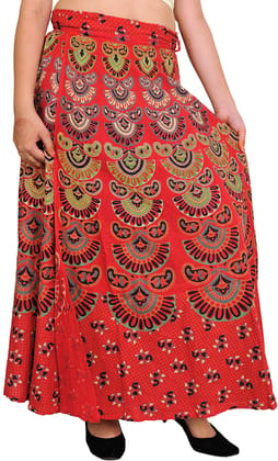 Hibiscus-Red Block-Printed Sanganeri Wrap-Around Skirt from Pilkhuwa