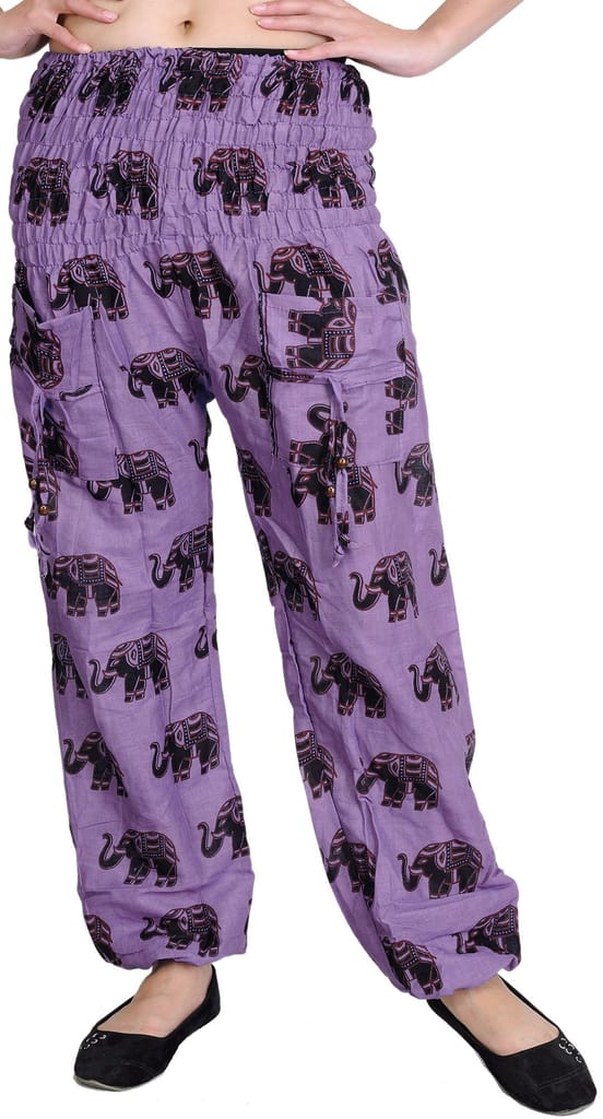 Dahlia-Purple Yoga Trousers with Printed Elephants and Front Pockets - Trousers | Buy online on ZillyBuy