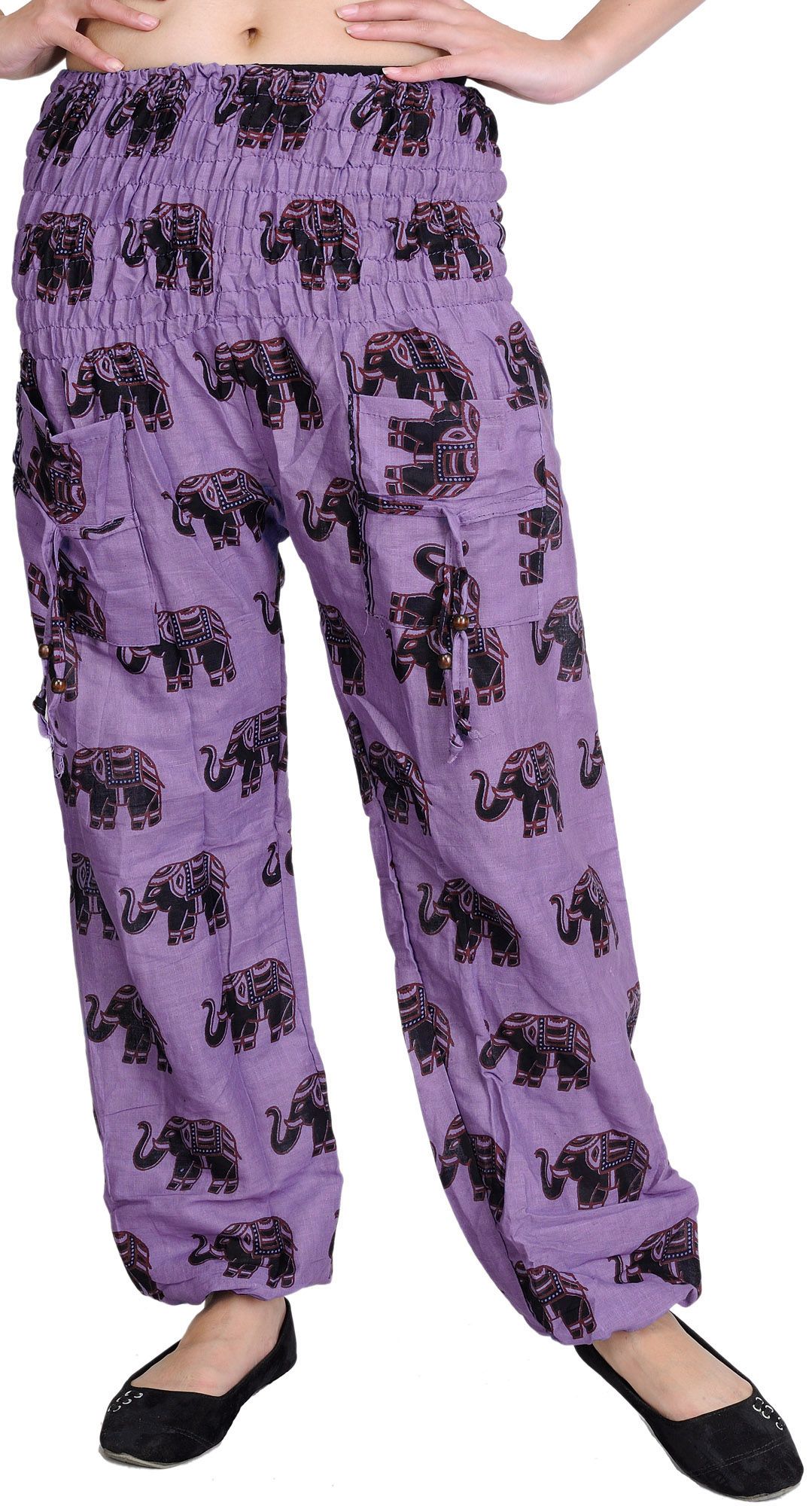 Dahlia-Purple Yoga Trousers with Printed Elephants and Front Pockets