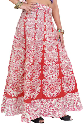 Tomato-Red Wrap-Around Long Skirt with Block-Print in Pastel Colors