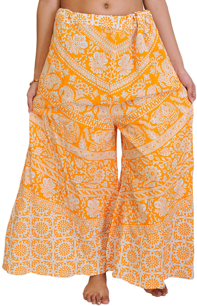 Radiant-Yellow Palazzo Pants from Pilkhuwa with Printed Flowers and Elephants - Palazzos | Buy online on ZillyBuy