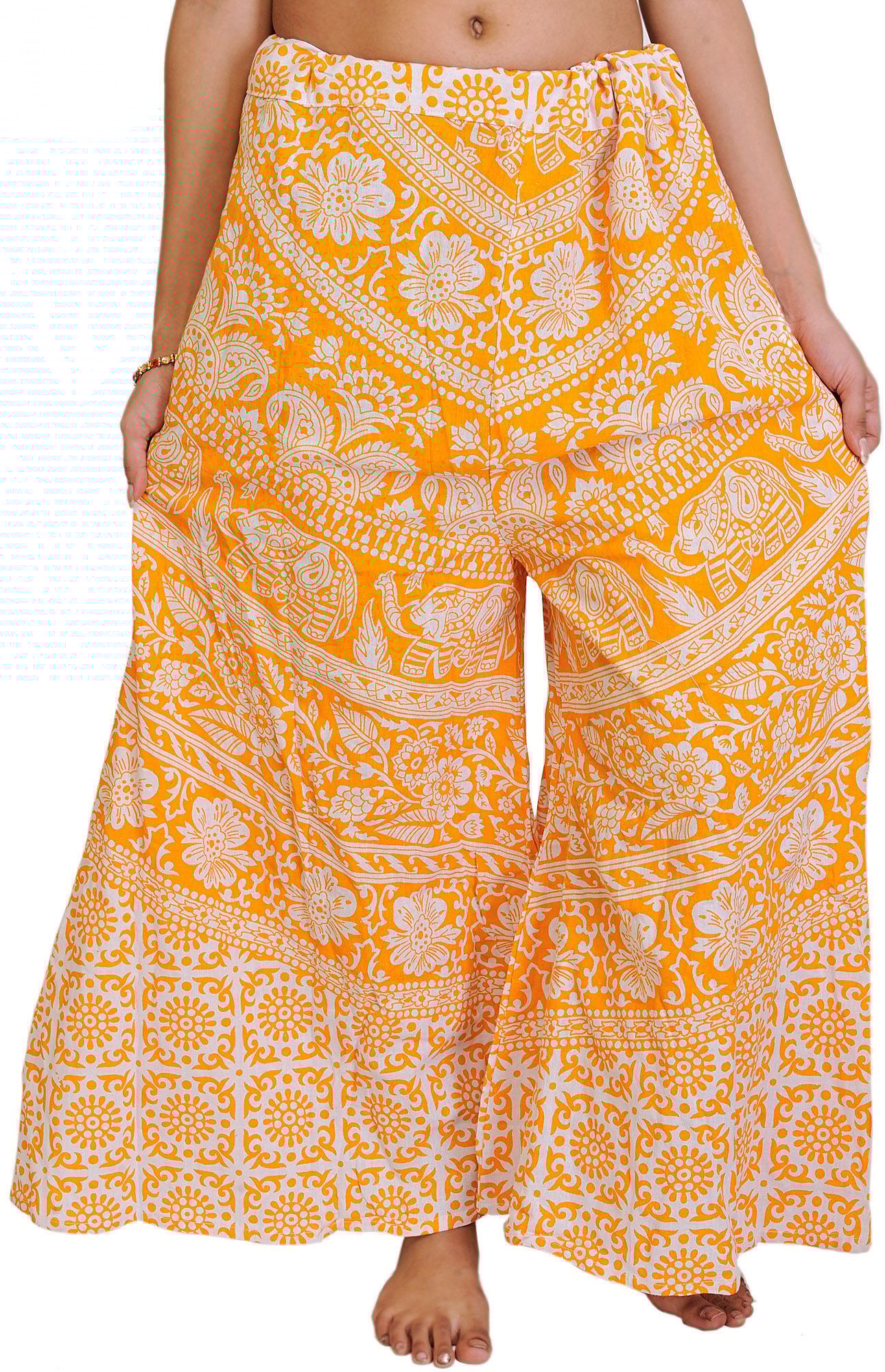 Radiant-Yellow Palazzo Pants from Pilkhuwa with Printed Flowers and Elephants
