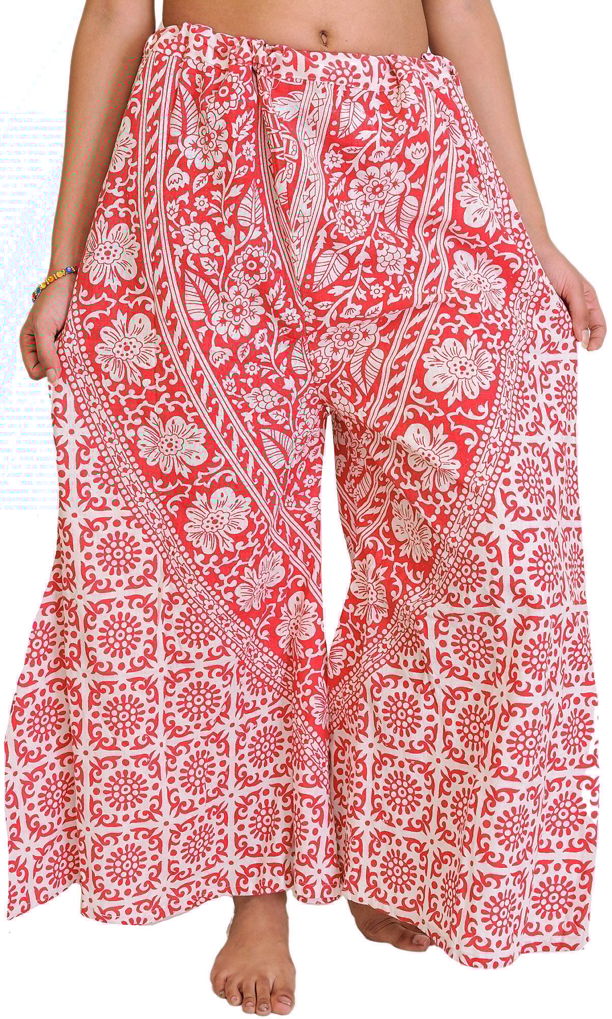 Rococco-Red Palazzo Pants from Pilkhuwa with Printed Flowers and Elephants