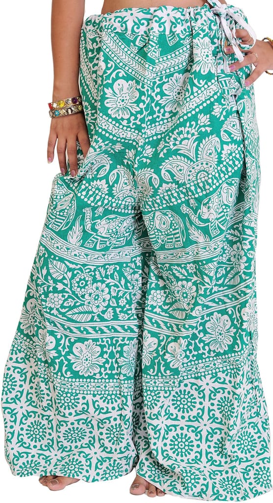 Green-Lake Palazzo Pants from Pilkhuwa with Printed Flowers and Elephants - Palazzos | Buy online on ZillyBuy