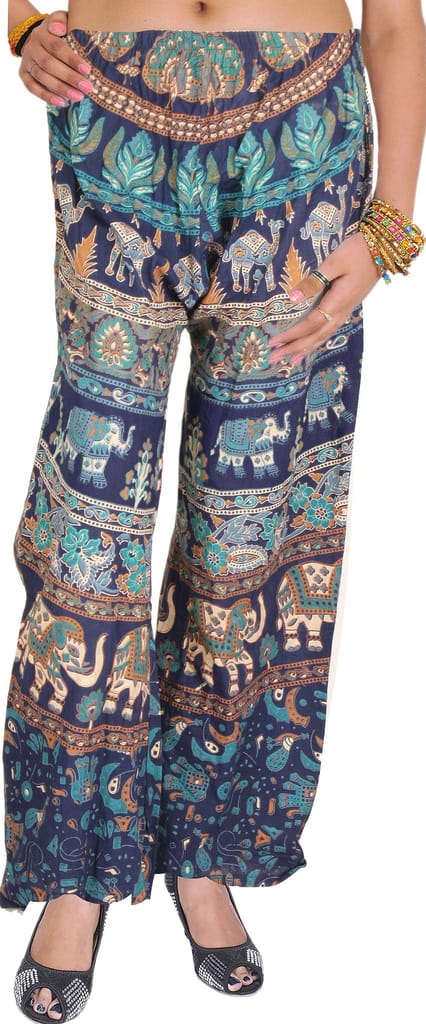 Twilight-Blue Casual Trousers from Pilkhuwa with Printed Elephants - Trousers | Buy online on ZillyBuy