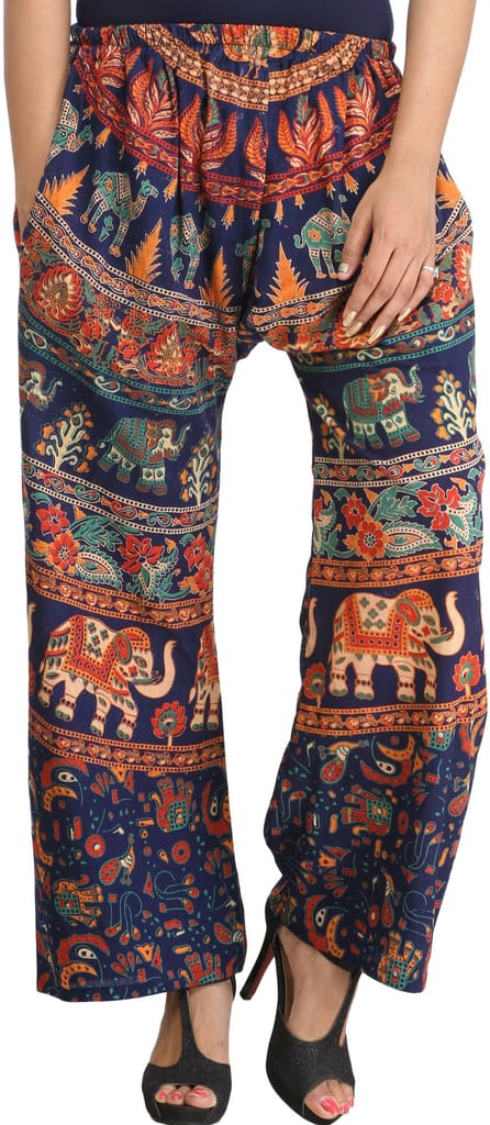 Medieval-Blue Casual Trousers from Pilkhuwa with Printed Elephants - Trousers | Buy online on ZillyBuy